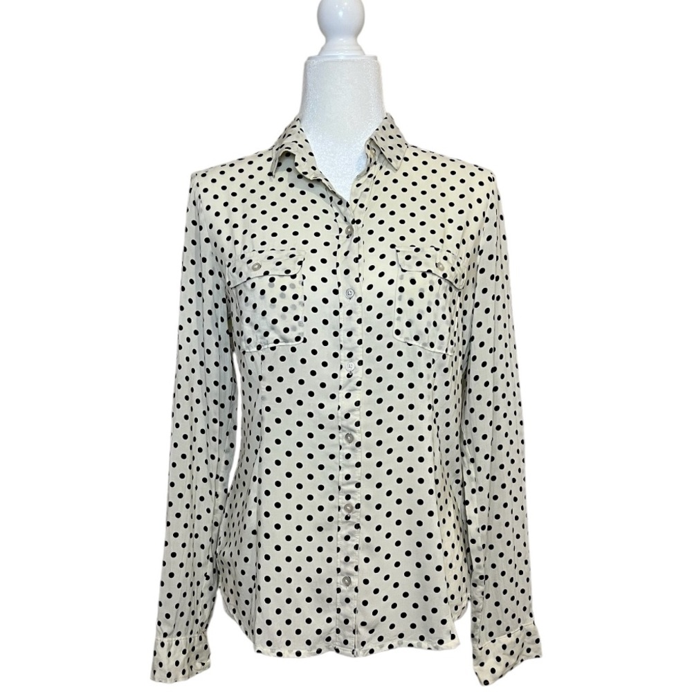 LOFT cream button up blouse with black polka dots, size S